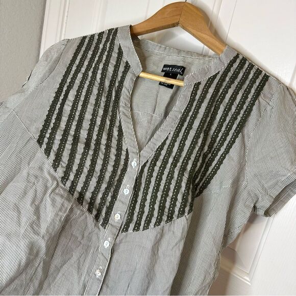 Y2K Wet Seal Green White Pleated Striped Blouse Sz L Cottagecore Western Retro - Picture 2 of 6